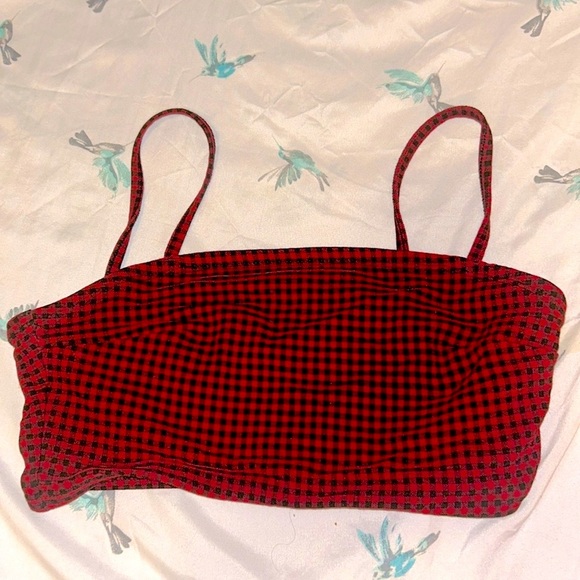 GARAGE RED BLACK CHECKEDBOARD PLAID STYLE CROPPED BRA TANK TOP - Picture 4 of 5